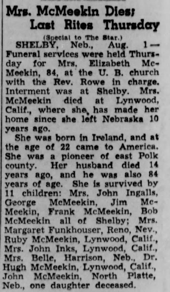 Obituary for Elizabeth McMeekin (Aged 84)